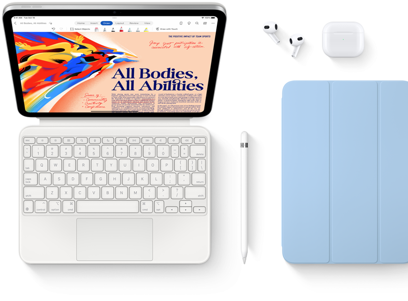 iPad, Magic Keyboard Folio, Apple Pencil, AirPods, and Smart Folio are shown.