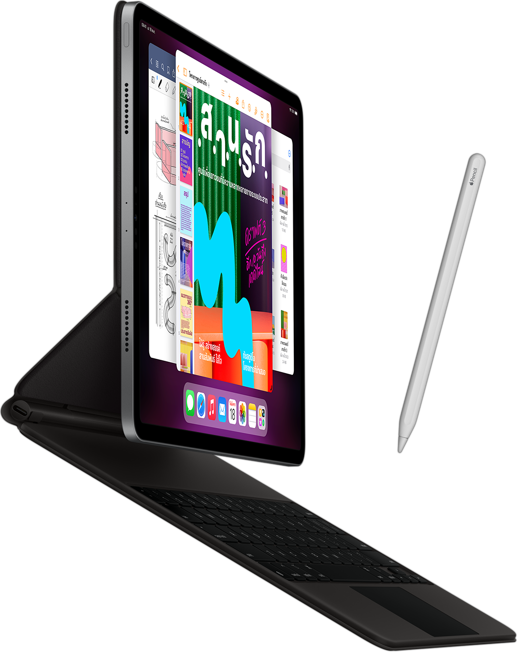 มุมมองด้านข้างของ iPad Pro ที่มี Smart Keyboard Folio ติดอยู่ พร้อมด้วย Apple Pencil