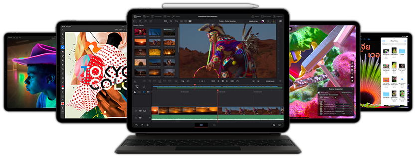 มุมมองด้านหน้าของ iPad Pro ที่มี Smart Keyboard Folio และ Apple Pencil ติดอยู่ และแสดงแอป Resolve for iPad โดยมีอุปกรณ์ iPad อื่นๆ อยู่ด้านหลัง