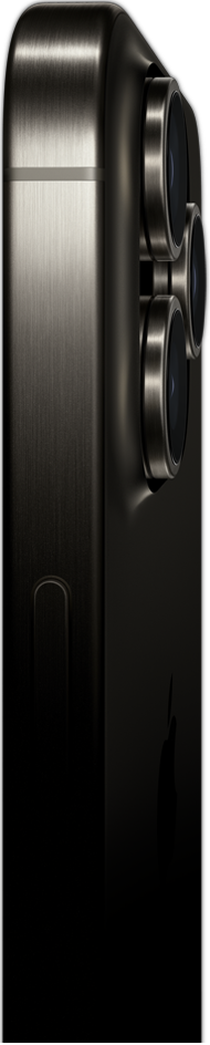 Side view of iPhone 15 Pro Max in a titanium design showing the power button